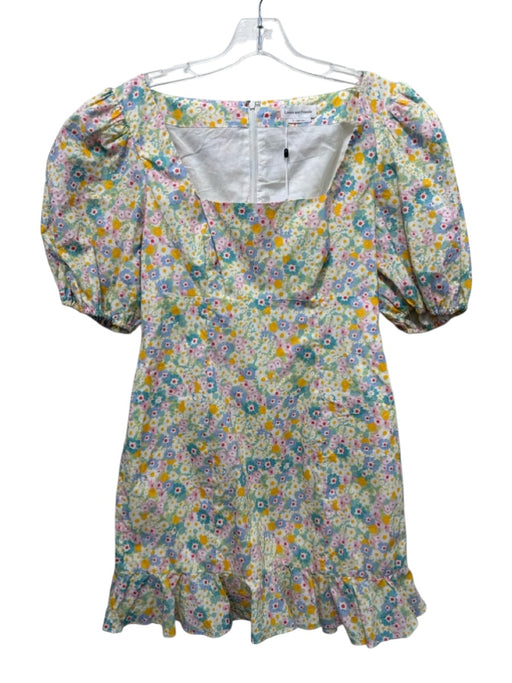 Lovers + Friends Size Medium Blue, Green, Yellow Cotton Short Puff Sleeve Dress Blue, Green, Yellow / Medium