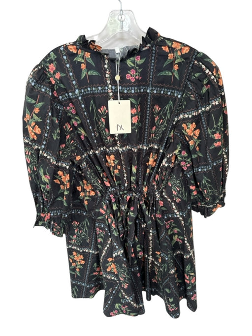 Entro Size 1X Black & Green Cotton Long Balloon Sleeve Botanical Buttons Dress Black & Green / 1X