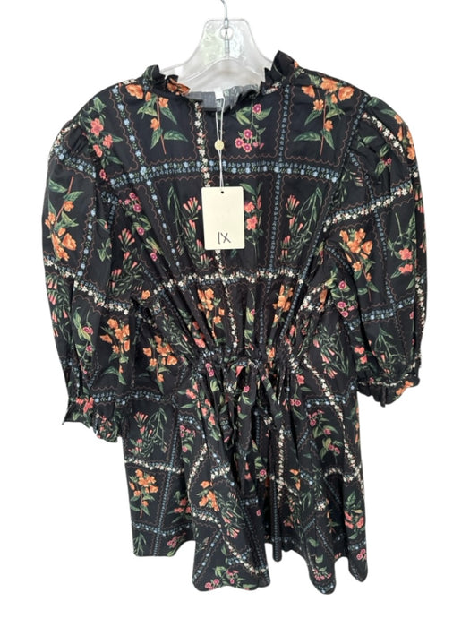 Entro Size 1X Black & Green Cotton Long Balloon Sleeve Botanical Buttons Dress Black & Green / 1X