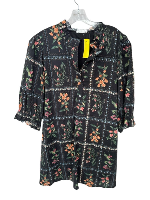 Entro Size 1X Black & Green Cotton Long Balloon Sleeve Botanical Buttons Dress Black & Green / 1X