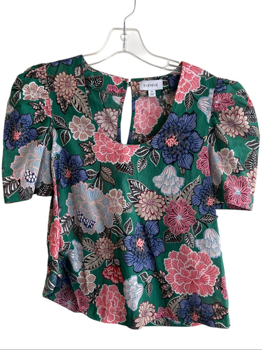 Evereve Size XS Green Blue Pink Cotton Short Sleeve Floral Print V Neck Top Green Blue Pink / XS