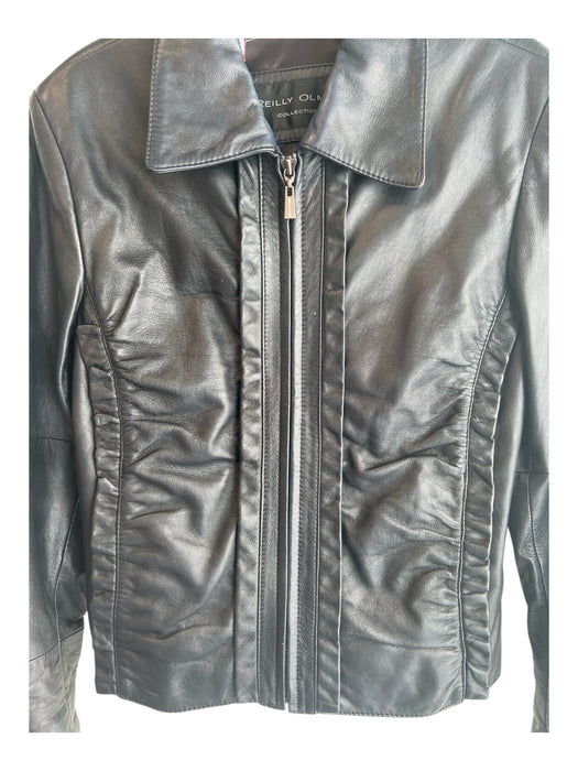 Reilly Olmes Size M Black Leather Collar Long Sleeve Ruffle Detail Jacket Black / M