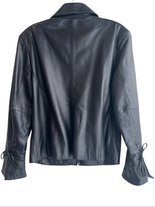 Reilly Olmes Size M Black Leather Collar Long Sleeve Ruffle Detail Jacket Black / M