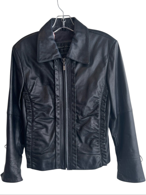 Reilly Olmes Size M Black Leather Collar Long Sleeve Ruffle Detail Jacket Black / M