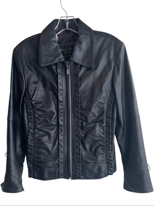 Reilly Olmes Size M Black Leather Collar Long Sleeve Ruffle Detail Jacket Black / M