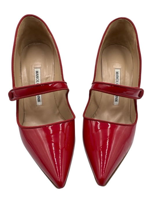 Manolo Blahnik Shoe Size 37 Red Leather Upper Patent Mary Jane Pointed Toe Pumps Red / 37