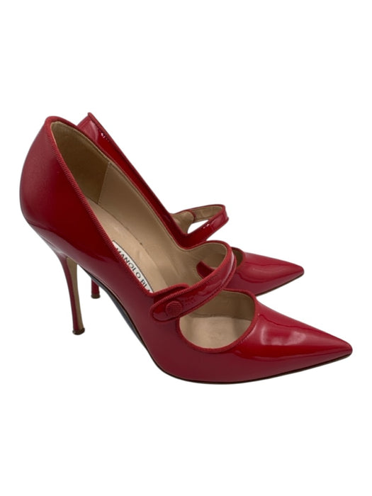Manolo Blahnik Shoe Size 37 Red Leather Upper Patent Mary Jane Pointed Toe Pumps Red / 37