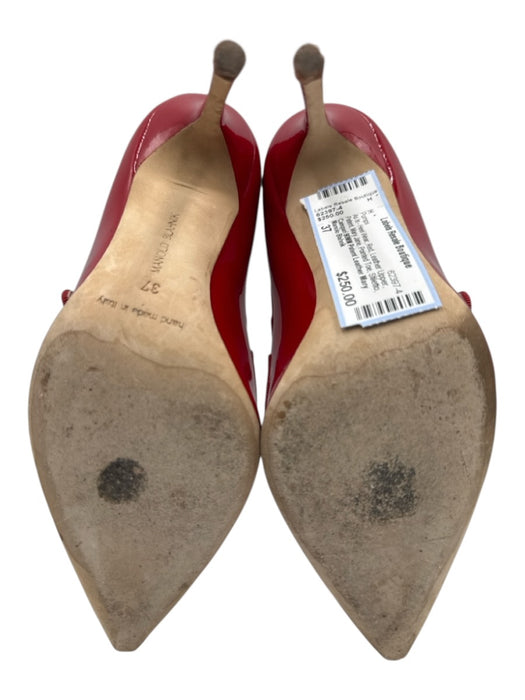 Manolo Blahnik Shoe Size 37 Red Leather Upper Patent Mary Jane Pointed Toe Pumps Red / 37