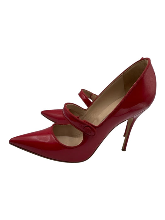 Manolo Blahnik Shoe Size 37 Red Leather Upper Patent Mary Jane Pointed Toe Pumps Red / 37