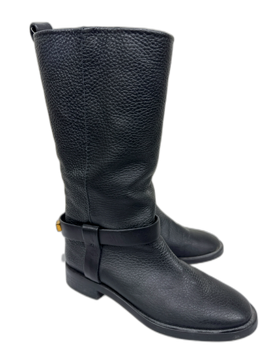 Stuart Weitzman Black Leather goldtone hardware Mid Calf Stacked Block Heel Book Black