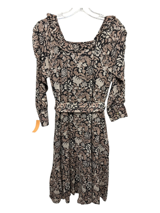 Cleobella Size XS Black & Tan Cotton Botanical Print Tie belt Square Neck Dress Black & Tan / XS