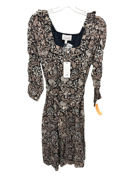 Cleobella Size XS Black & Tan Cotton Botanical Print Tie belt Square Neck Dress Black & Tan / XS