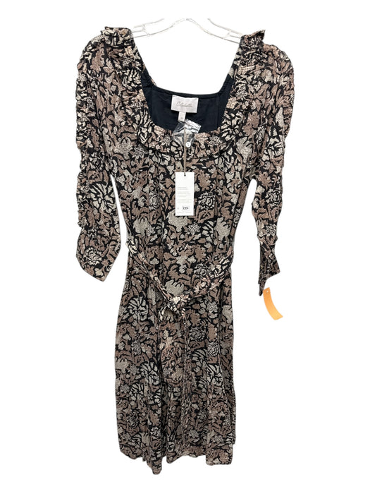 Cleobella Size XS Black & Tan Cotton Botanical Print Tie belt Square Neck Dress Black & Tan / XS