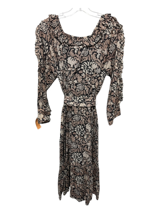 Cleobella Size M Black & Tan Cotton Botanical Print Tie belt Square Neck Dress Black & Tan / M
