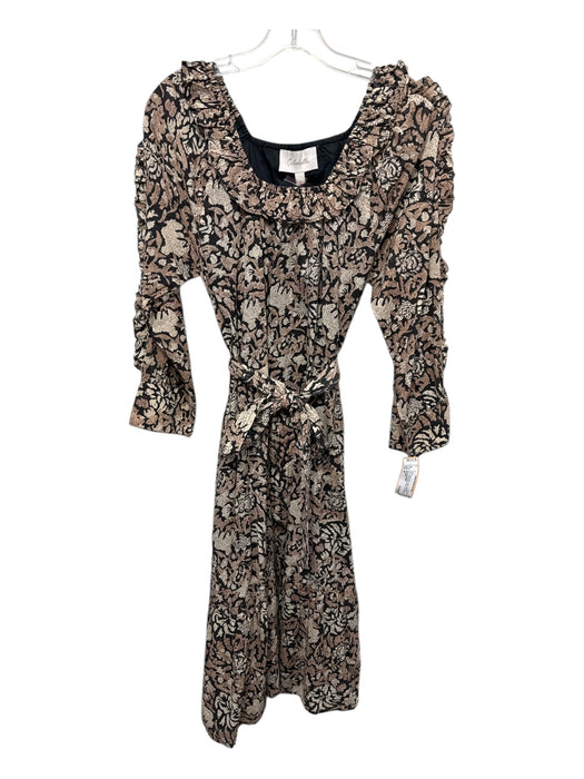Cleobella Size M Black & Tan Cotton Botanical Print Tie belt Square Neck Dress Black & Tan / M