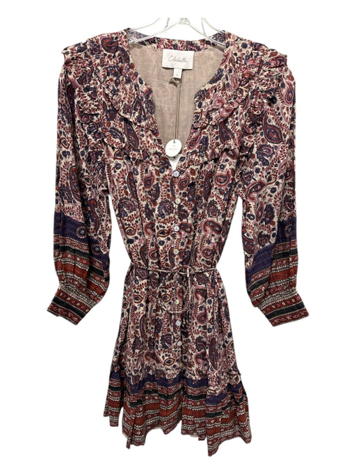 Cleobella Size S Tan & multi Cotton Split V Neck Tie belt Metallic Thread Dress Tan & multi / S