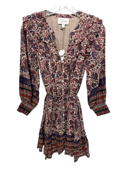 Cleobella Size S Tan & multi Cotton Split V Neck Tie belt Metallic Thread Dress Tan & multi / S