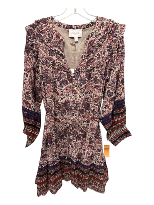 Cleobella Size M Tan & multi Cotton Split V Neck Tie belt Metallic Thread Dress Tan & multi / M