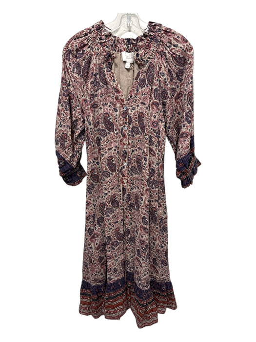 Cleobella Size XS Beige & Multi Cotton Split V Neck Floral Paisley Dress Beige & Multi / XS