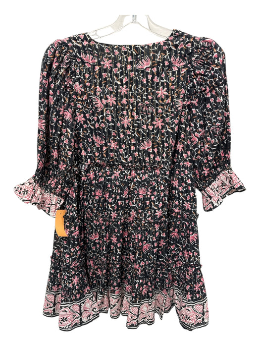 Cleobella Size M Black & Pink Cotton Metallic Thread V Neck Ruffled Mini Dress Black & Pink / M