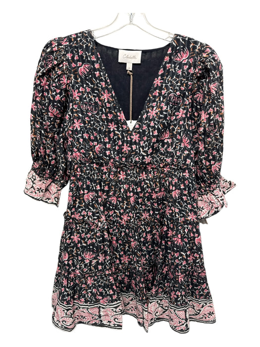 Cleobella Size M Black & Pink Cotton Metallic Thread V Neck Ruffled Mini Dress Black & Pink / M