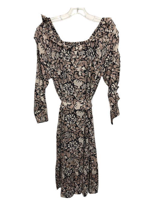 Cleobella Size S Black & Tan Cotton Botanical Print Tie belt Square Neck Dress Black & Tan / S