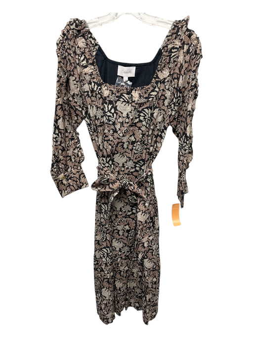 Cleobella Size S Black & Tan Cotton Botanical Print Tie belt Square Neck Dress Black & Tan / S