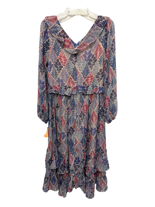 Greylin Size M Blue & Red Polyester Botanical Print Ruffle Back Zip Dress Blue & Red / M