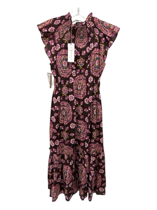 Cleobella Size XS Brown, Pink, Blue Cotton Ruffle Cap Sleeve Floral Dress Brown, Pink, Blue / XS