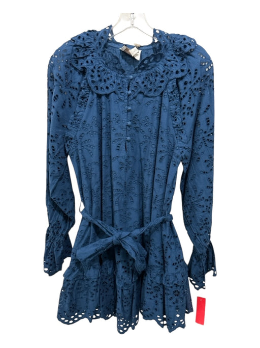 Cleobella Size Medium Teal Blue Cotton Long Sleeve Eyelet Quarter Button Dress Teal Blue / Medium