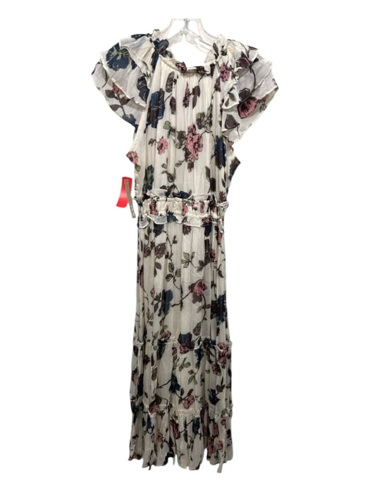 Cleobella Size Small Cream, Blue, Pink Viscose Ruffle Cap Sleeve Floral Dress Cream, Blue, Pink / Small