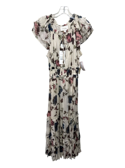 Cleobella Size Small Cream, Blue, Pink Viscose Ruffle Cap Sleeve Floral Dress Cream, Blue, Pink / Small