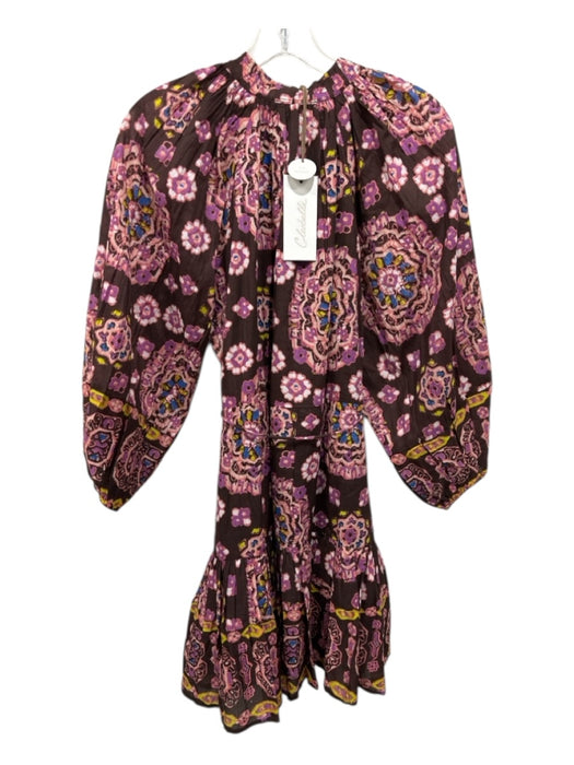 Cleobella Size Small Brown, Blue, Yellow Cotton Long Sleeve Floral Tiered Dress Brown, Blue, Yellow / Small