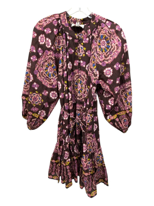 Cleobella Size Small Brown, Blue, Yellow Cotton Long Sleeve Floral Tiered Dress Brown, Blue, Yellow / Small