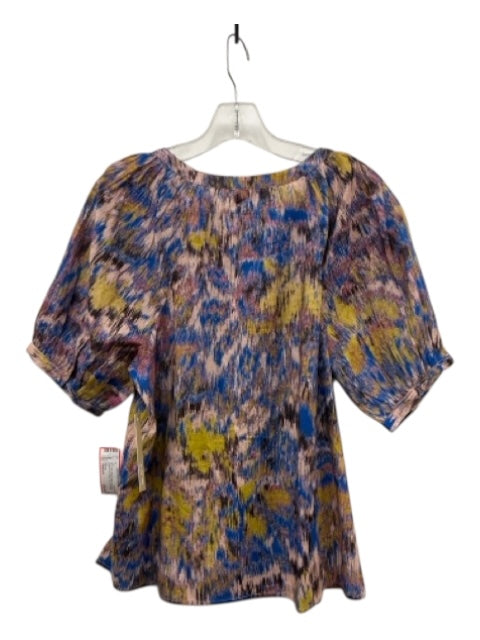 Cleobella Size Medium Blue, Pink, Yellow Cotton Short Sleeve Abstract Print Top Blue, Pink, Yellow / Medium