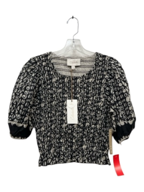 Cleobella Size Small Black & White Cotton Short Puff Sleeve Abstract Smocked Top Black & White / Small