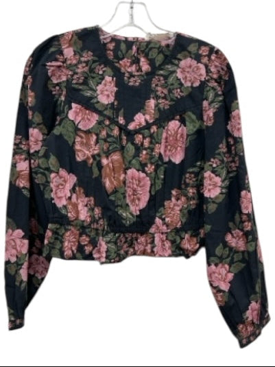 Cleobella Size Small Black, Pink, Green Cotton Long puff sleeve Floral Top Black, Pink, Green / Small