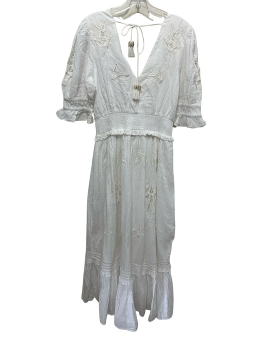Cleobella Size L White Cotton Short Balloon Sleeve Floral Applique Midi Dress White / L