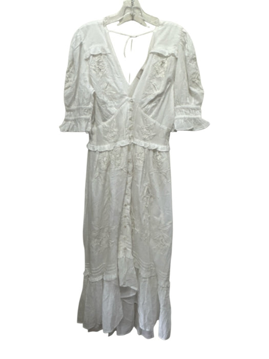 Cleobella Size L White Cotton Short Balloon Sleeve Floral Applique Midi Dress White / L