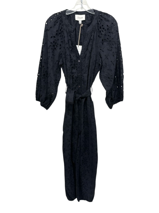 Cleobella Size S Black Cotton Long Sleeve Eyelet V Neck 1/2 Button Jumpsuit Black / S