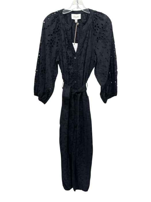 Cleobella Size S Black Cotton Long Sleeve Eyelet V Neck 1/2 Button Jumpsuit Black / S
