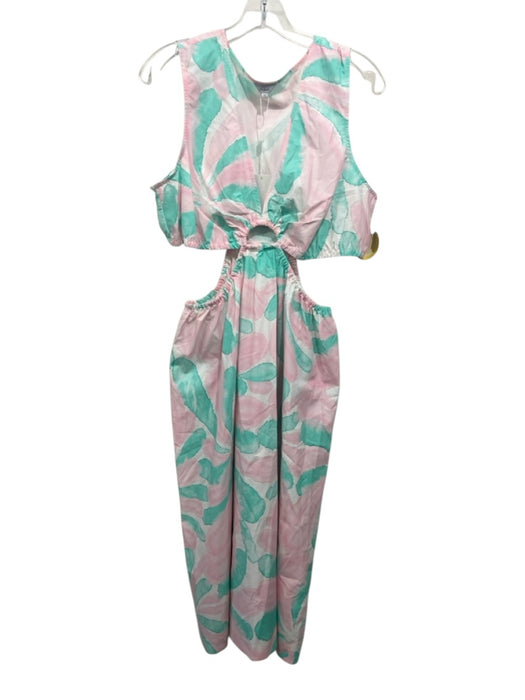 Rails Size L Pink, Green, White Cotton & Lyocell Sleeveless Cut Outs Midi Dress Pink, Green, White / L