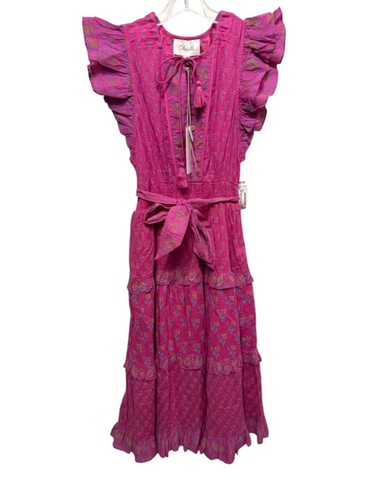 Cleobella Size L Pink, Blue, Gold Cotton Ruffle Cap Sleeve Midi Floral Dress Pink, Blue, Gold / L