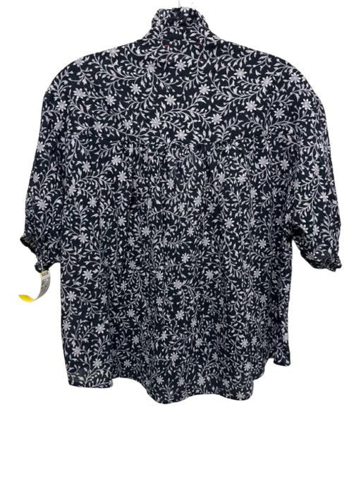 XiRENA Size S navy, purple, white Cotton Short Sleeve Floral Split V neck Top navy, purple, white / S