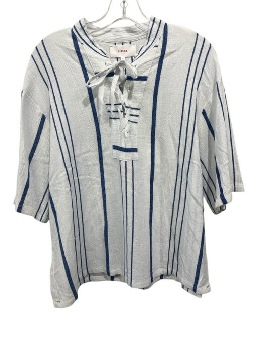XiRENA Size S White & Blue Cotton & Rayon Short Sleeve Striped Tie Detail Top White & Blue / S
