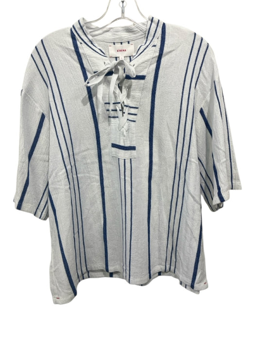 XiRENA Size S White & Blue Cotton & Rayon Short Sleeve Striped Tie Detail Top White & Blue / S