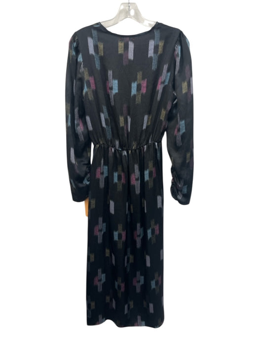 XiRENA Size M Black, Pink, Blue Silk Long Sleeve Ikat V Neck Ruched Front Dress Black, Pink, Blue / M