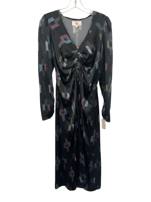 XiRENA Size M Black, Pink, Blue Silk Long Sleeve Ikat V Neck Ruched Front Dress Black, Pink, Blue / M