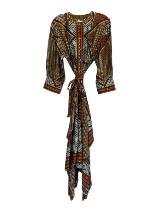 Misa Size L Orange, Brown, Multi Viscose Puff 3/4 Sleeve Buttons Dress Orange, Brown, Multi / L