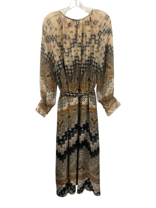 Misa Size L Brown, Blue, Yellow Polyester Long puff sleeve Keyhole Midi Dress Brown, Blue, Yellow / L
